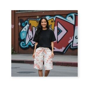 Y2K: Da-Nang Danang ✪ Ribbon Tie Cargo Crop Pants ✪ White Floral Print ✪ Large